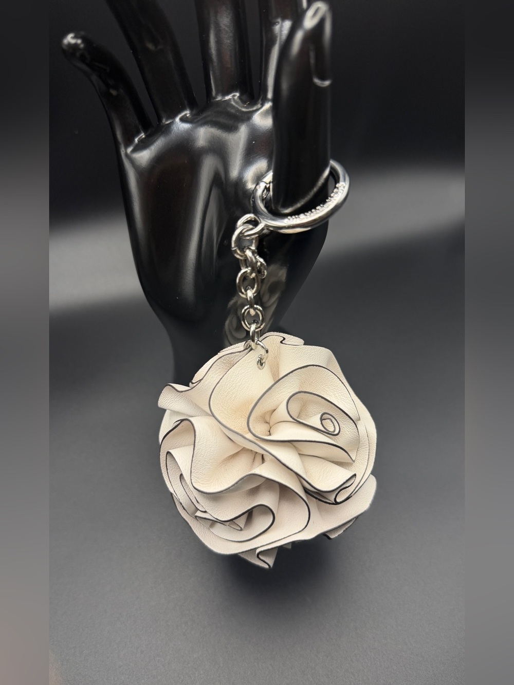 Michael Kors Cream Floral Leather Keychain Charm with Silver Hardware
